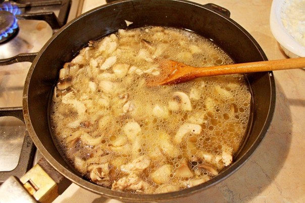 Паста с курицей и грибами под сырным соусом