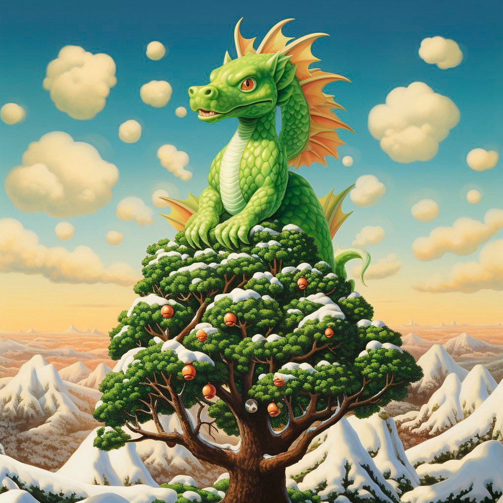 зеленый дракон, сидящий на дереве, ясное небо, в стиле Кадзумаса Нагаи